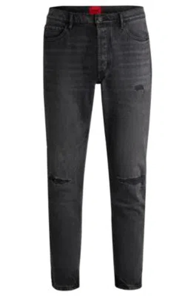 Hugo Tapered-fit Jeans In Black Distressed Denim In Dark Grey