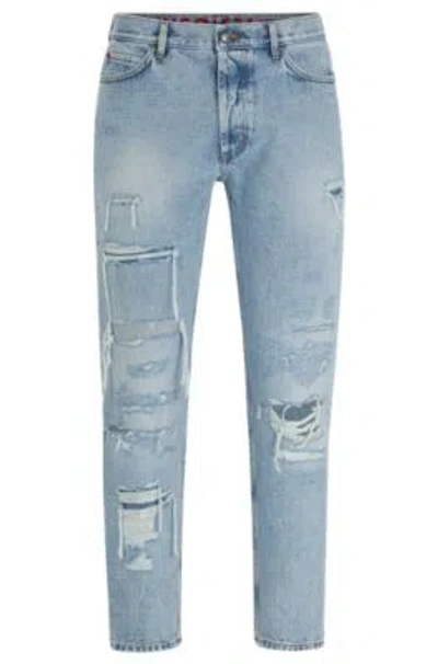 Hugo Tapered-fit Jeans In Blue Denim With Destroyed Details In Light Blue