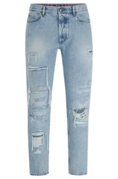 Hugo Boss Tapered-fit Jeans In Blue Denim With Destroyed Details In Light Blue