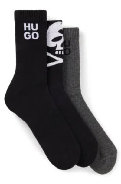 Hugo Boss Three-pack Of Ribbed Short Socks With Seasonal Details In Black
