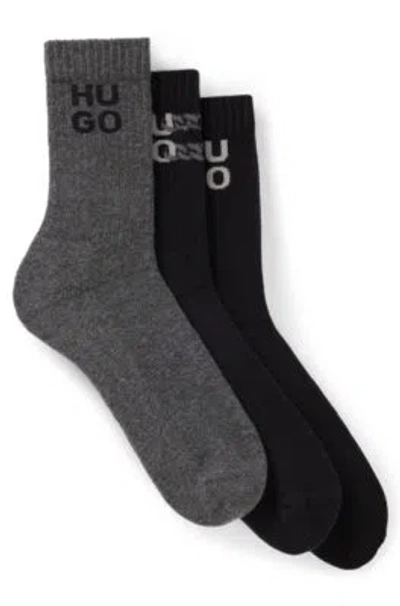 Hugo Boss Three-pack Of Short-length Socks With Stacked Logos In Black