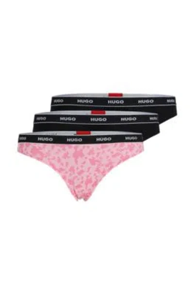Hugo Three-pack Of Stretch-cotton Thongs With Logo Waistbands In Pink