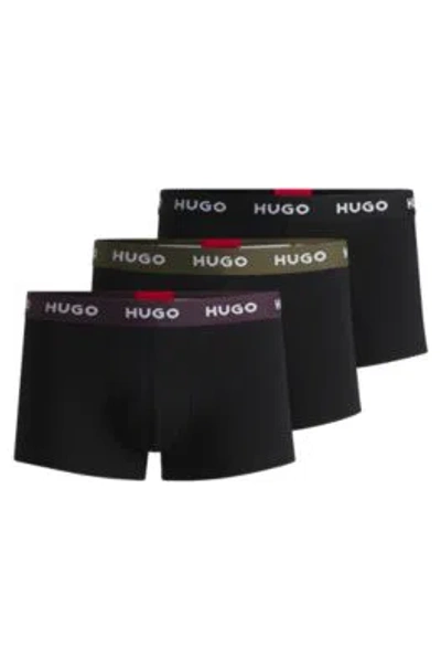 Hugo Three-pack Of Stretch-cotton Trunks With Logo Waistbands In Patterned