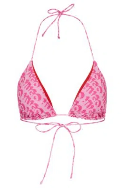 Hugo Triangle Bikini Top With Repeat Logo Print In Pink