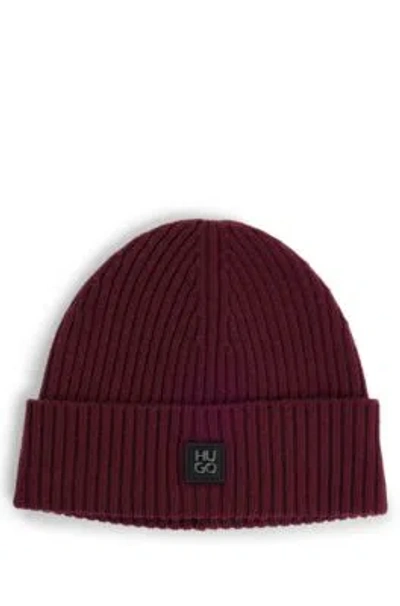 Hugo Virgin-wool Beanie Hat With Stacked Logo In Burgundy