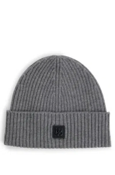 Hugo Boss Virgin-wool Beanie Hat With Stacked Logo In Grey
