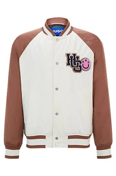 Hugo Boss Water-repellent Bomber Jacket With Varsity-inspired Logo Patch In Open White