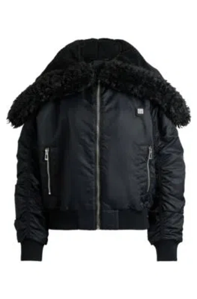 Hugo Boss Water-repellent Bomber Jacket With Zipped Teddy-lined Hood In Black