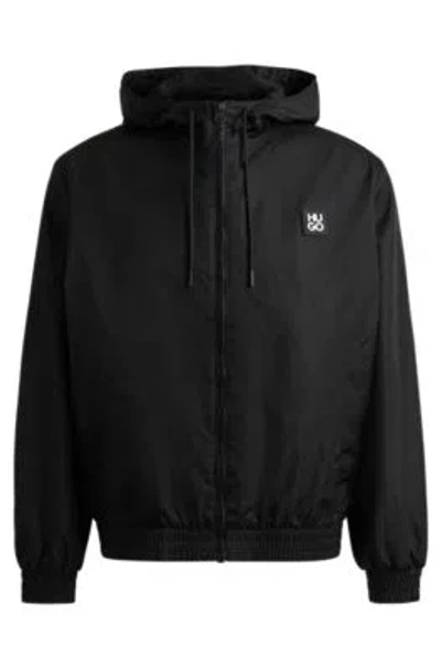 Hugo Water-repellent Hooded Jacket With Stacked-logo Trim In Black