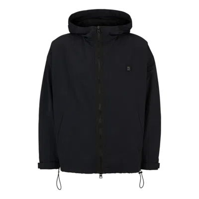 Hugo Water-repellent Hooded Windbreaker With Stacked-logo Badge In Black