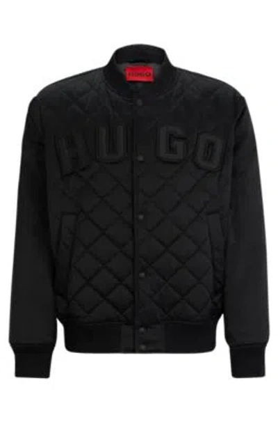 Hugo Water-repellent Satin Bomber Jacket With Varsity-style Logo In Black