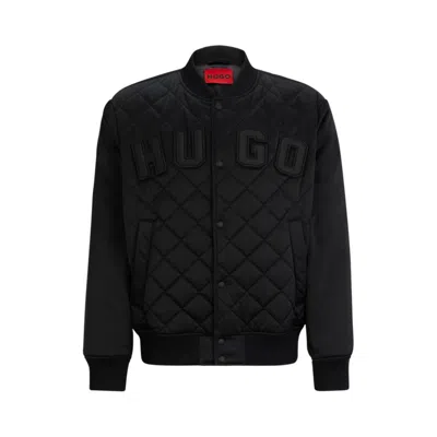 Hugo Water-repellent Satin Bomber Jacket With Varsity-style Logo In Black