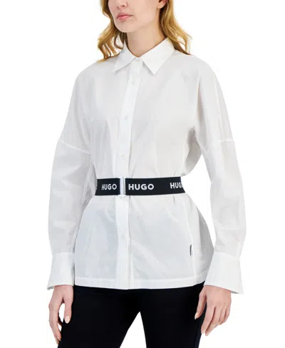 Hugo Women's Button-down Long-sleeve Logo Belted Tunic Top In White