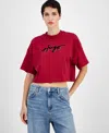 Hugo Boss Women's Cotton Script-logo Crewneck Cropped T-shirt In Medium Red