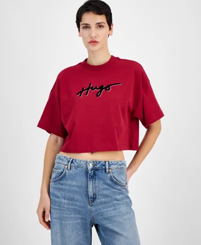 Hugo Boss Women's Cotton Script-logo Crewneck Cropped T-shirt In Medium Red