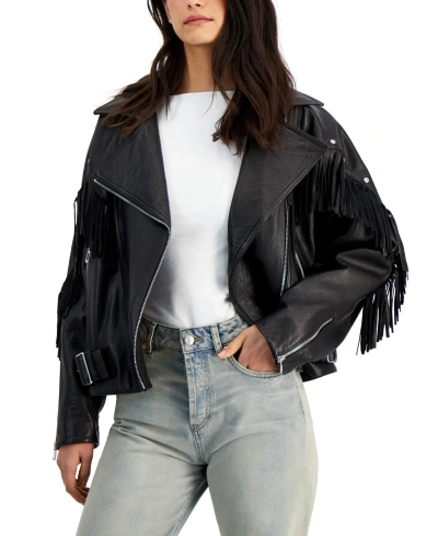 Hugo Women's Fringe-trim Leather Moto Jacket In Black