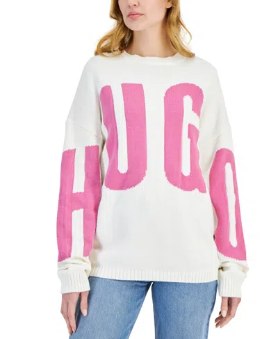 Hugo Women's Oversized Crewneck Logo Knit Sweater In Natural