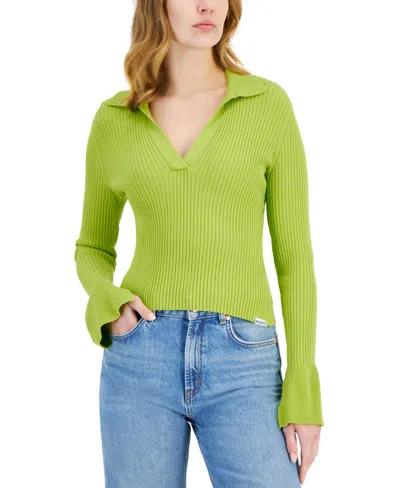 Hugo Women's Ribbed Long-sleeve Collared V-neck Knit Sweater In Bright Green
