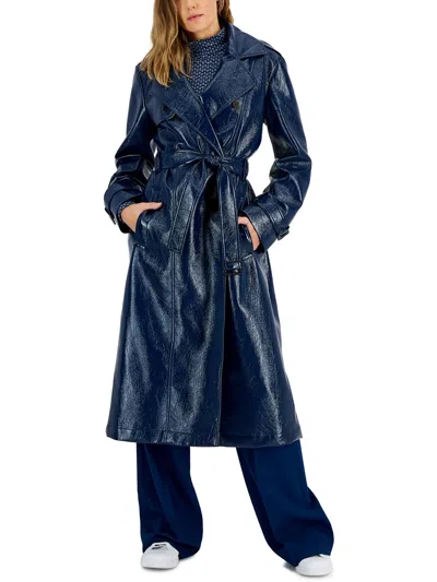 Hugo Womens Faux Leather Trench Coat In Blue