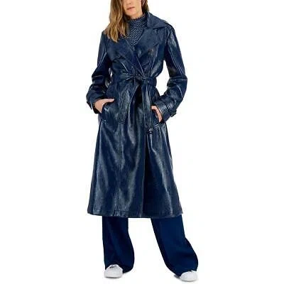 Pre-owned Hugo Womens Faux Leather Trench Coat Outerwear Bhfo 6009 In Blue