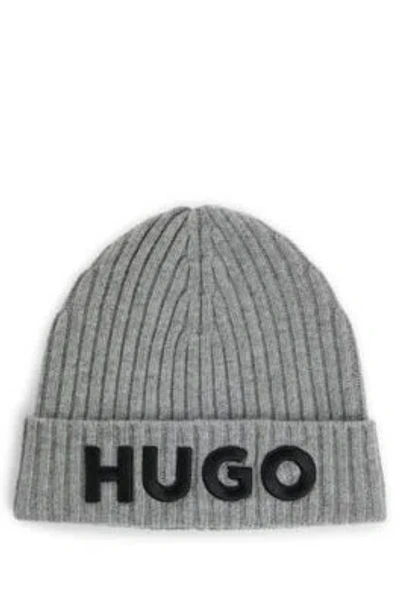 Hugo Boss Wool Beanie Hat With Logo Detail In Grey