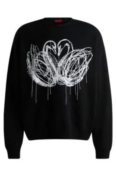 Hugo Boss Hugo X Les Benjamins Oversize-fit Sweater With Swan Jacquard In Black
