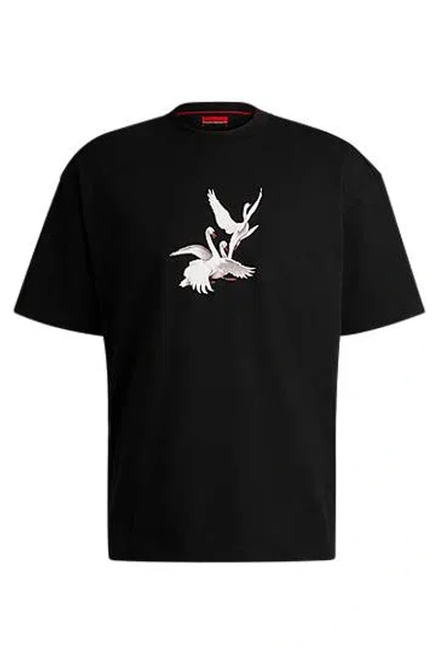 Hugo Boss X Les Benjamins Oversized-fit T-shirt With Swan Graphic In Black