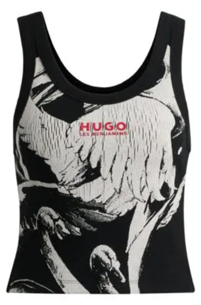 Hugo Boss Hugo X Les Benjamins Vest In Stretch Cotton With Swan Print In Black
