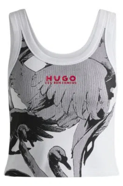 Hugo Boss Hugo X Les Benjamins Vest In Stretch Cotton With Swan Print In White