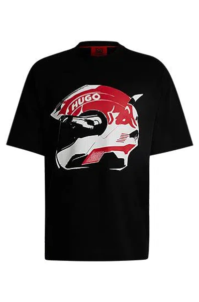 Hugo Boss X Rb Oversized-fit Cotton T-shirt With Racing Print In Black