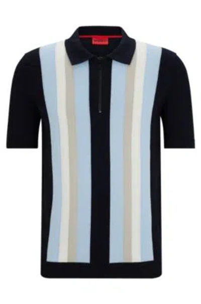 Hugo Zip-neck Polo Sweater With Vertical Stripes In Dark Blue