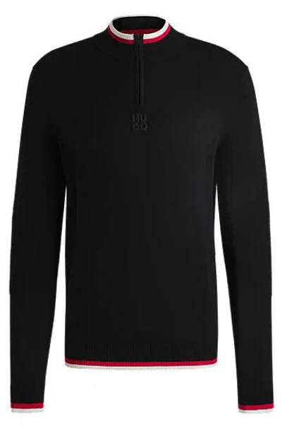 Hugo Zip-neck Sweater With Contrast Tipping In Black