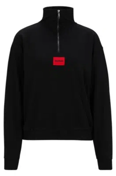 Hugo Zip-neck Sweatshirt With Logo Label In Black