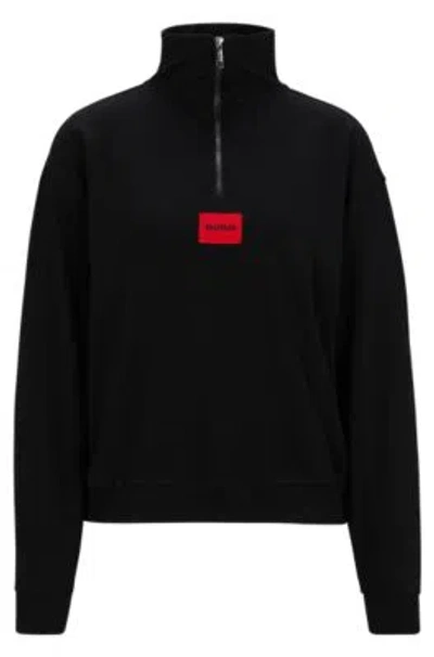 Hugo Boss Zip-neck Sweatshirt With Logo Label In Black