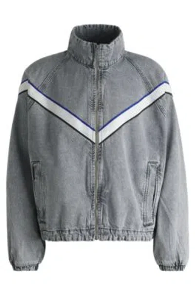 Hugo Zip-up Denim Jacket With Contrasting Tape Detail In Grey