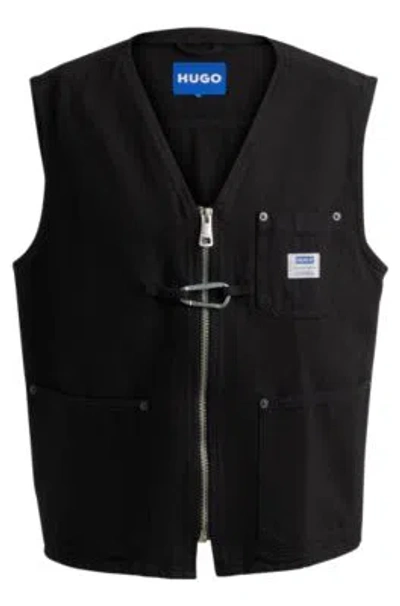 Hugo Boss Zip-up Waistcoat In Cotton Denim In Black