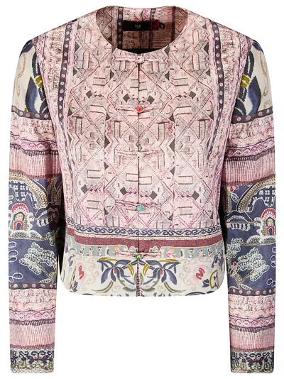 Hui Chinese-style Printed Short Silk Jacket In Pink