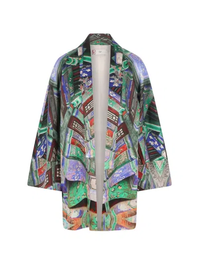 Hui Hui Graphic-print Open-front Coat In Green