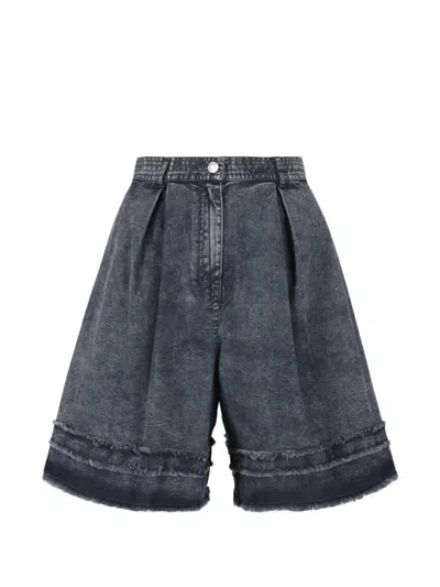 Hui Milano Heather Frayed Pleated-denim Shorts In Blue