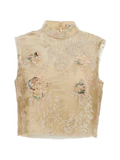 Hui Milano Kalanchoe Sequin-embellished Floral-embroidered Top In Brown