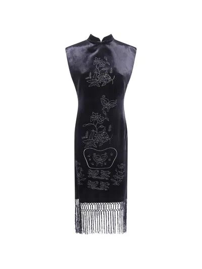 Hui Milano Midi Embroidered Fringe-trim Dress In Black