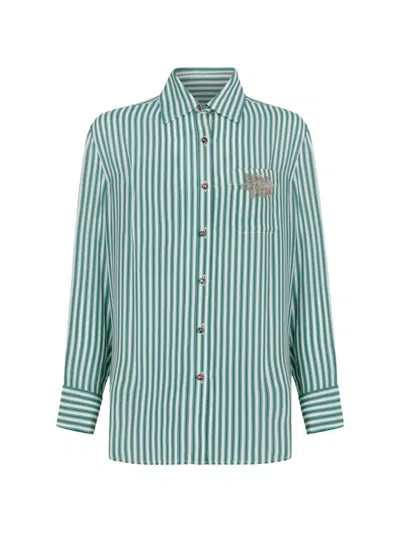 Hui Milano Petunia Striped Floral-appliqué Shirt In Green