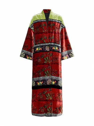 Hui Milano Velvet Bellyband Long Cardigan In Red