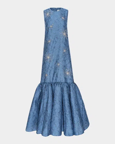 Huishan Zhang Amarice Crystal Floral Brocade Flare Gown In Periwinkle