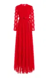 Huishan Zhang Gardenia Belted Tiered Gown In Red