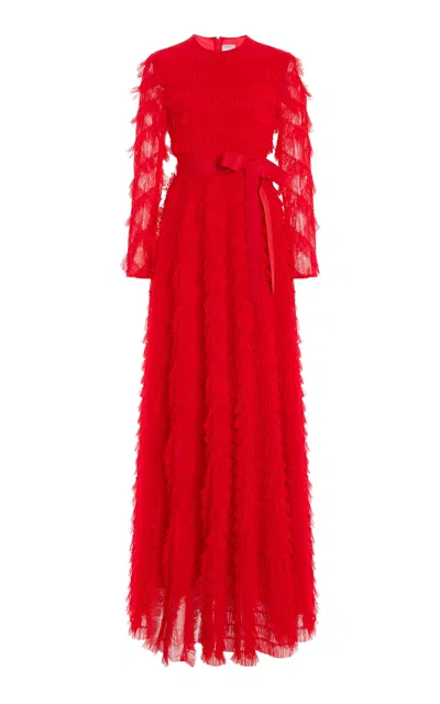 Huishan Zhang Gardenia Belted Tiered Gown In Red