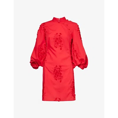Huishan Zhang Womens Red Ming Floral-appliqué Woven Mini Dress