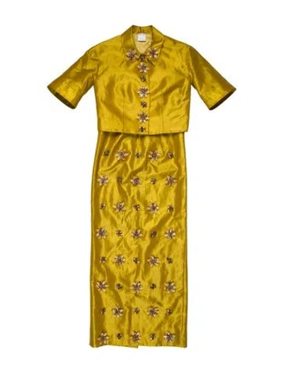 Pre-owned Huishan Zhang Nylon Crystal Embellishments Dress Set In Yellow
