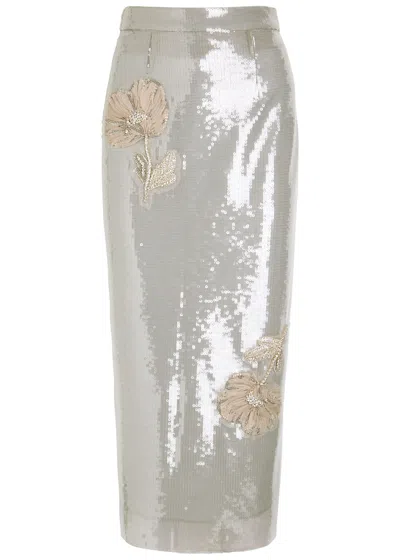 Huishan Zhang Oakley Floral-appliquéd Sequin Midi Skirt In White