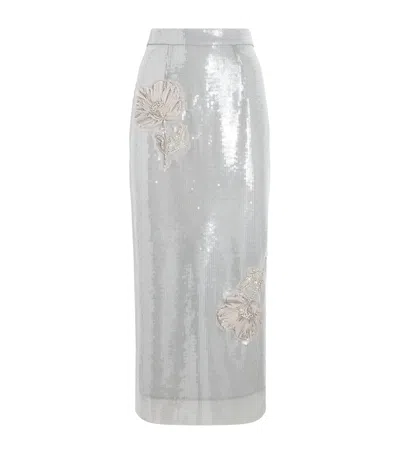Huishan Zhang Sequin Floral Oakley Pencil Skirt In Silver